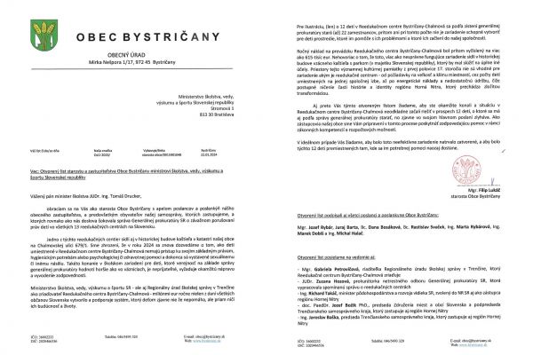 Otvorený list starostu a zastupiteľstva Obce Bystričany ministrovi školstva